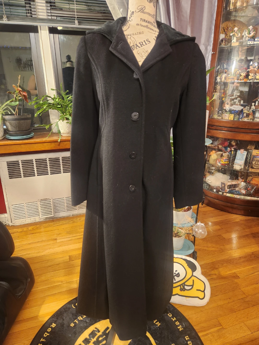 Albert Nipon Black Wool Full Length Hooded Overcoat Pea Coat