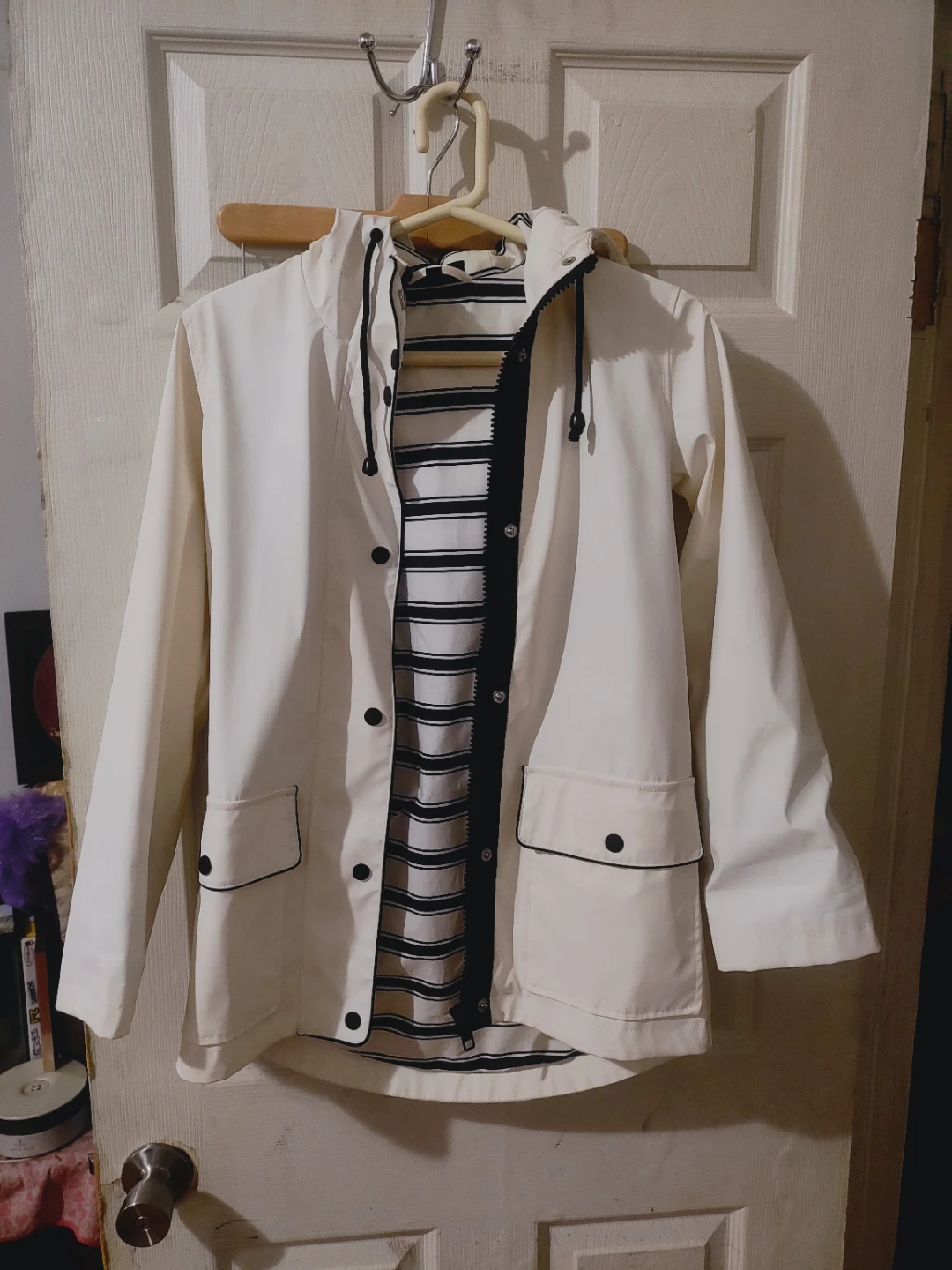 White Hooded Rain Jacket with Striped Lining