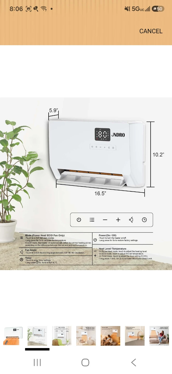 JNDRO Wall-Mounted Electric Space Heater SL001 - photo 2