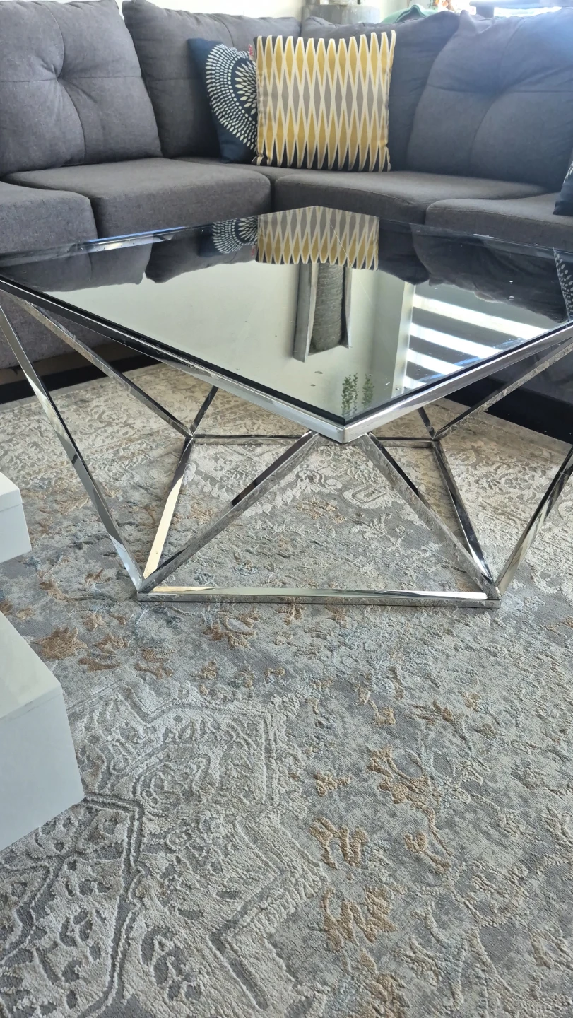 Modern Geometric Chrome Coffee Table with Tempered Glass