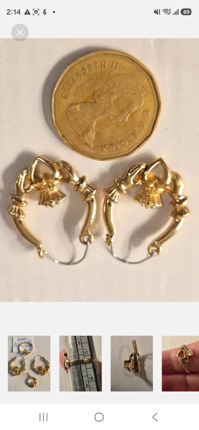 10K Solid Gold Claddagh Ring with Plated Earrings and Pendant - photo 3