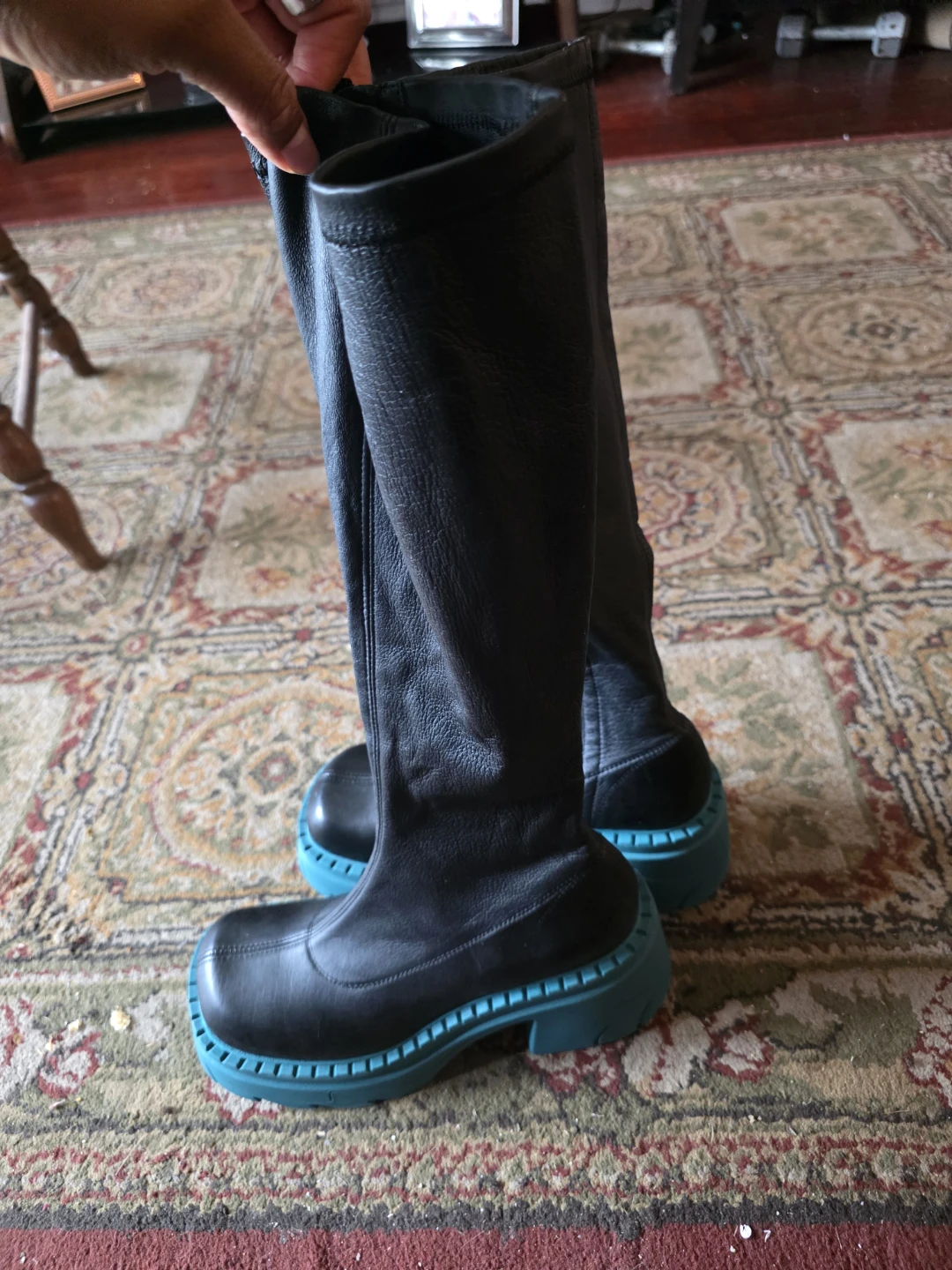 Topshop Black Leather Boots with Teal Platform