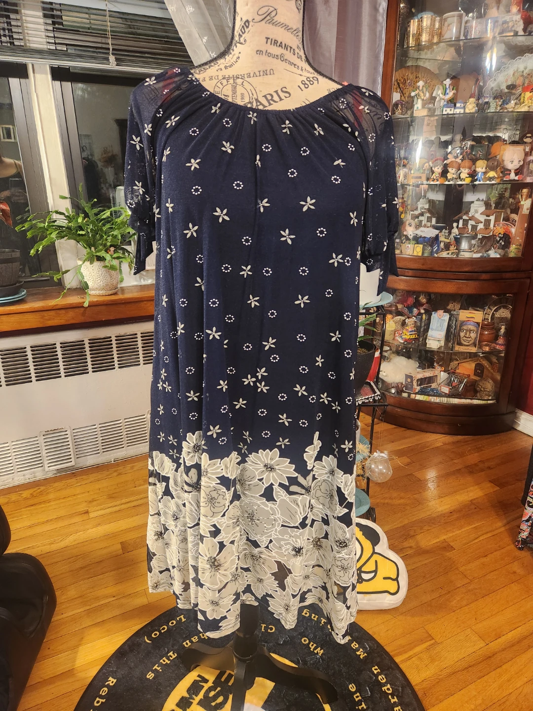 EMBER Size Navy Blue Floral Border Print Sheer Tie Sleeve Dress