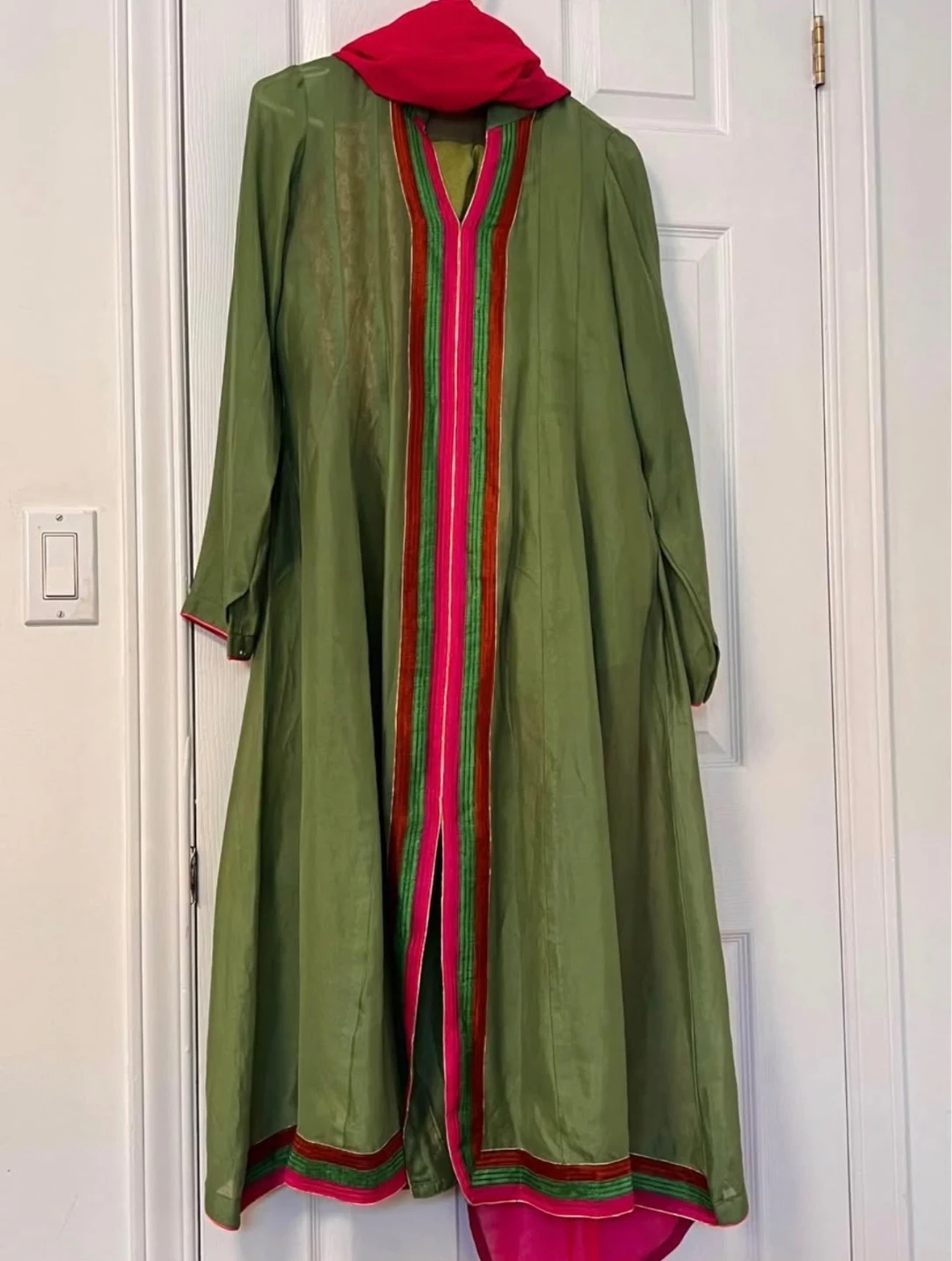 Olive Green Long Kurta with Pink Accents