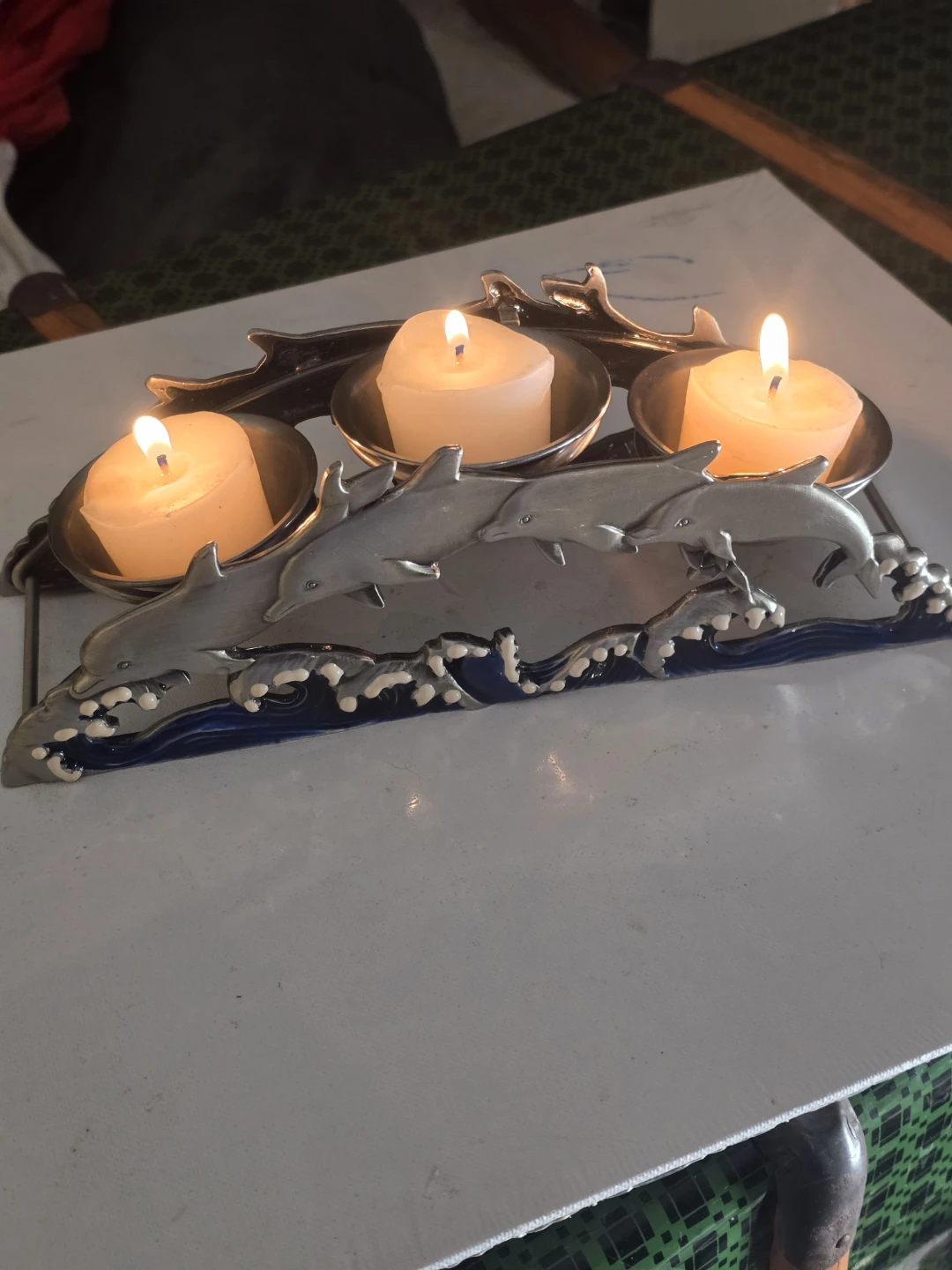 Pewter Dolphin Candle Votive 3 Tea Light Stand Holder # P2