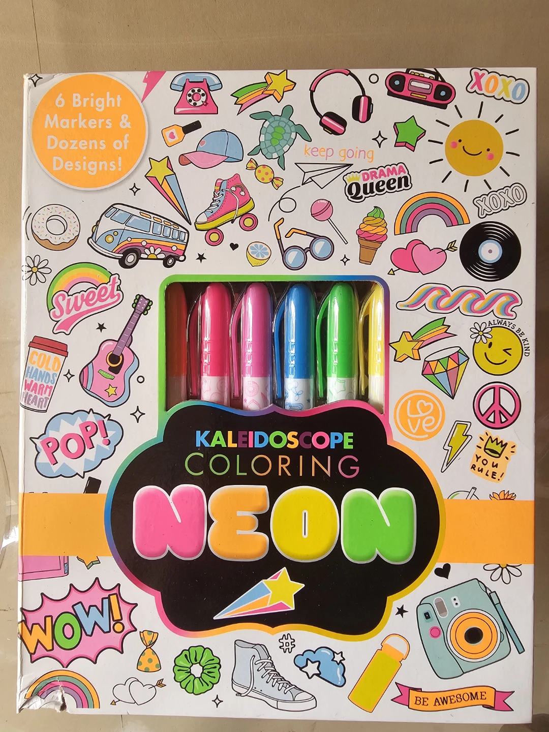 Kaleidoscope Coloring: Neon: 6 Bright Markers