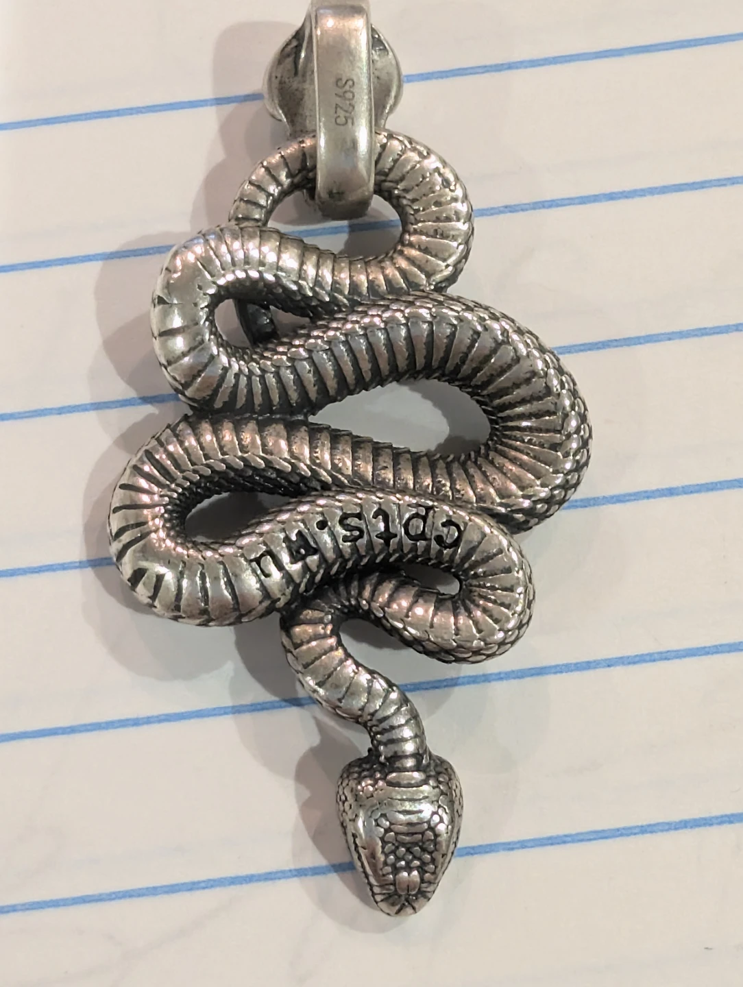 Solid Sterling Silver Large  Coiled Snake Pendant Skull Bail - photo 3