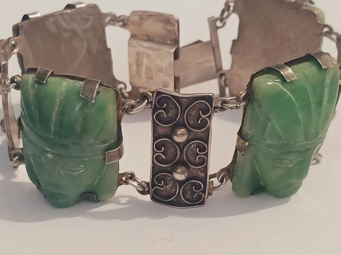 Sterling 925 Jade Mexican Rain God Tlaloc Aztec Warrior Bracelet - photo 2