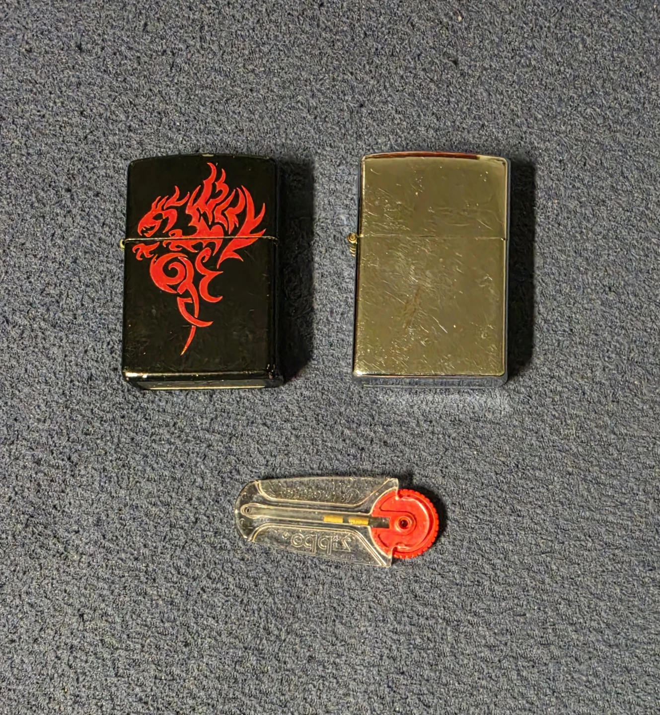 Two Zippo Lighters and Flint Dispenser