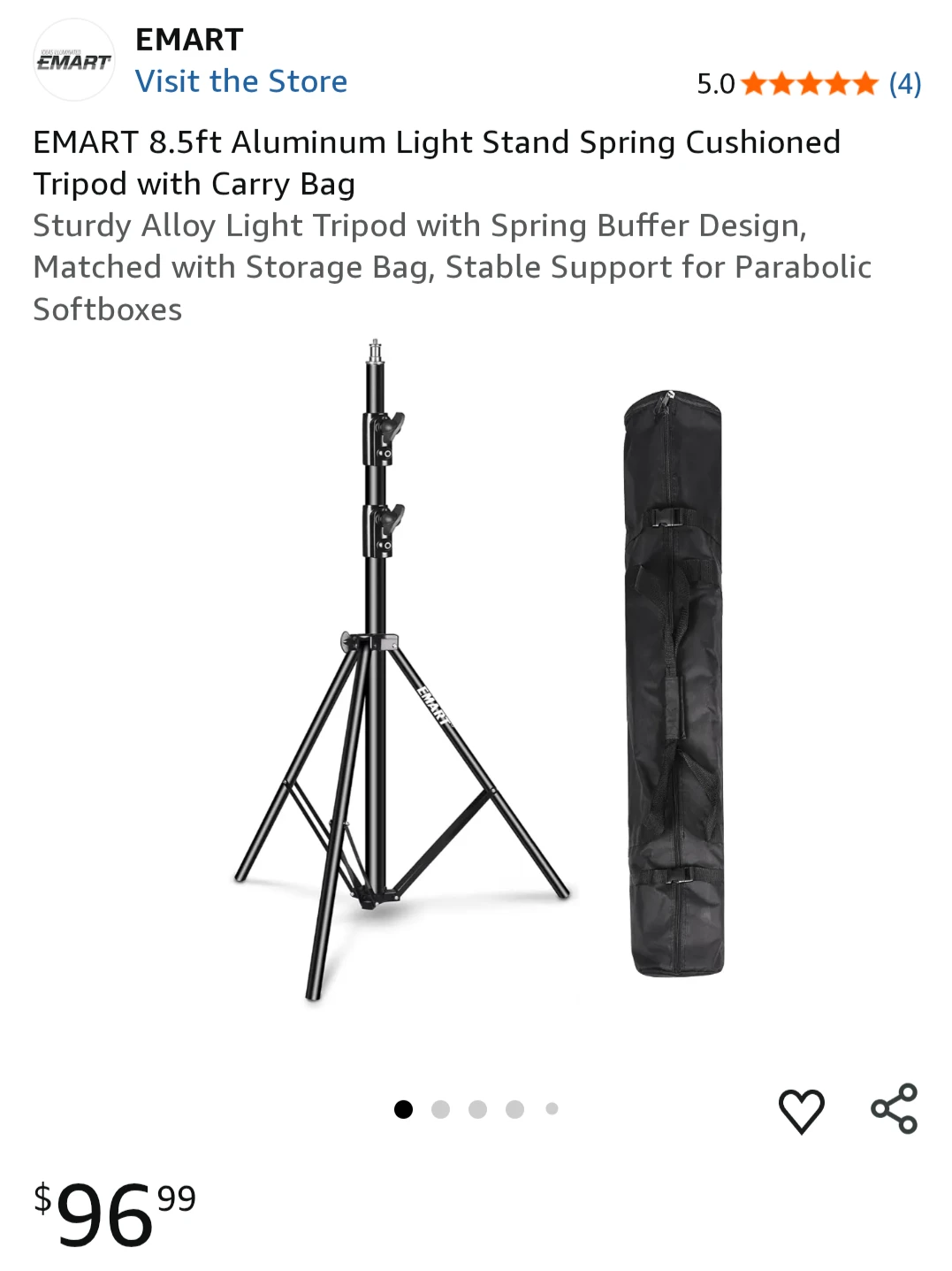 Emart 8.5ft Spring Cushioned Photography Light Stand Tripod