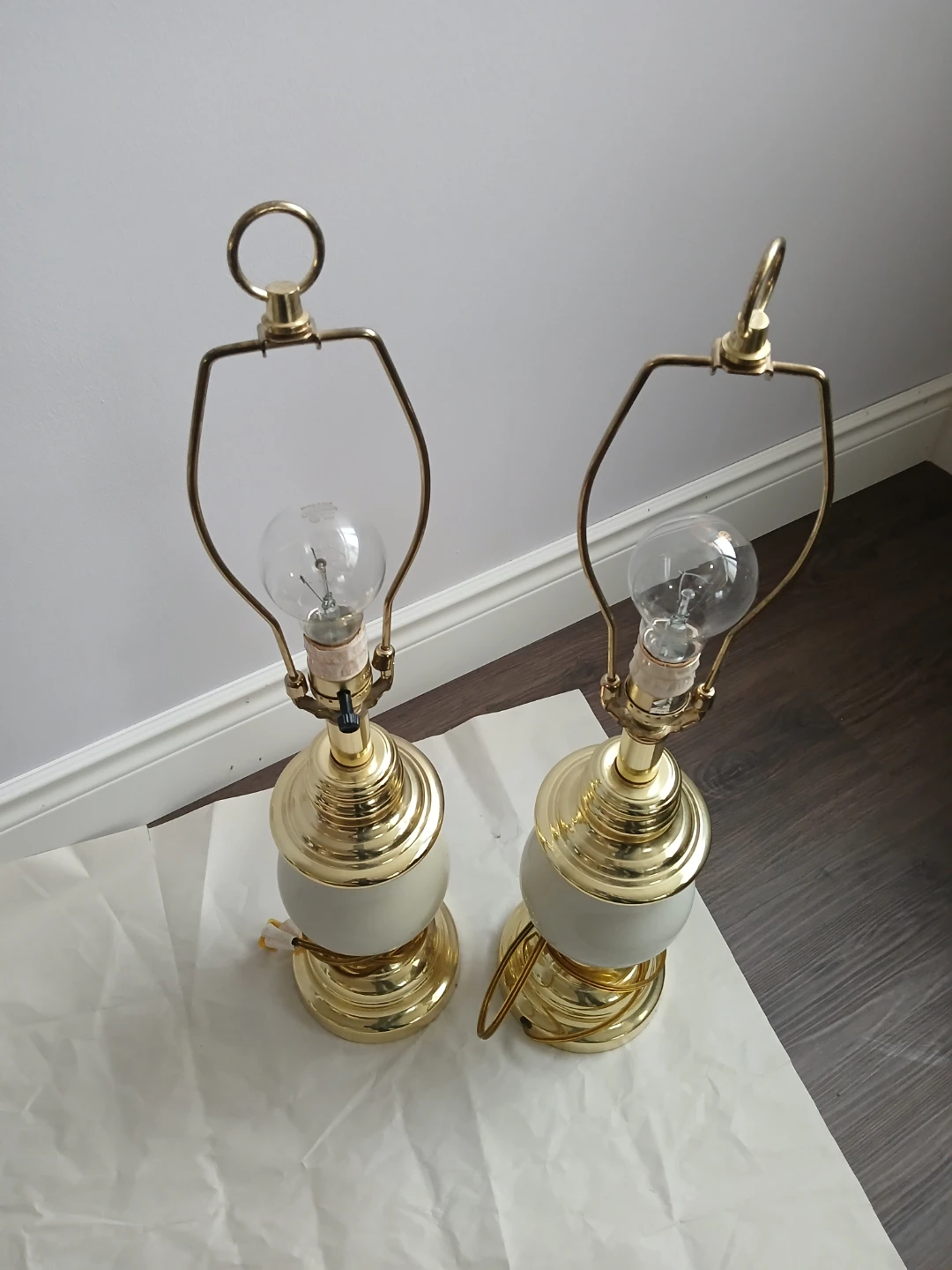 Set of Two Vintage Brass and White Ceramic Table Lamps