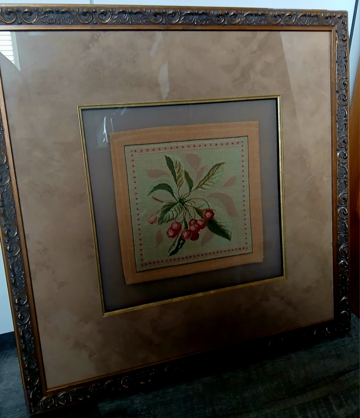 Framed Vintage large Cherry Needlepoint Art - photo 5