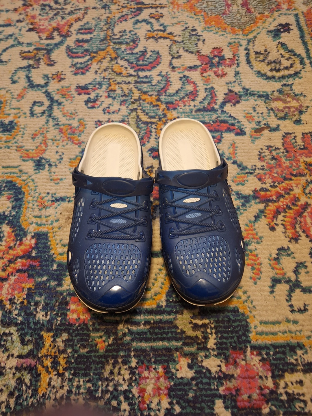 Size 10. Blue and white perforated clogs