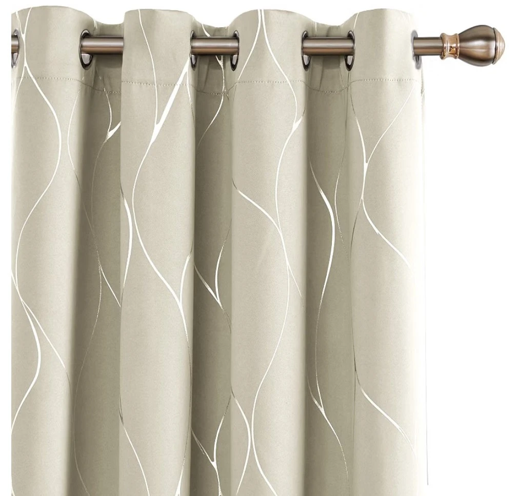 Blackout Curtains with Silver Wave Foil Print – Set of 2