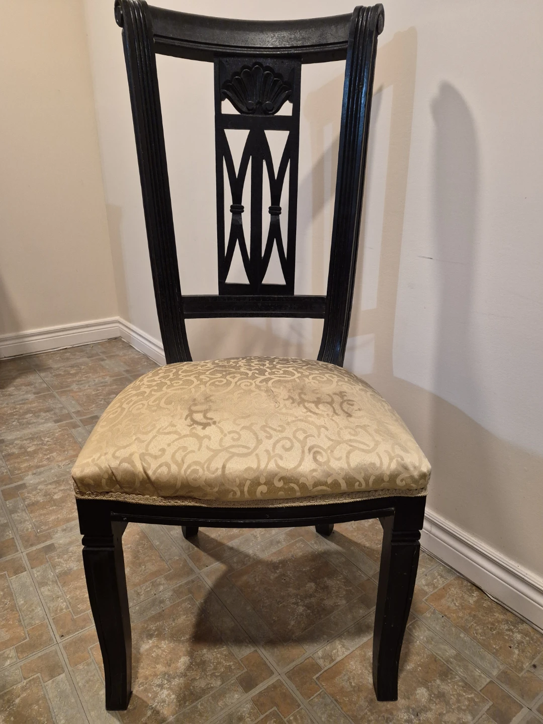 Vintage Black Dining Chair with Gold Upholstery