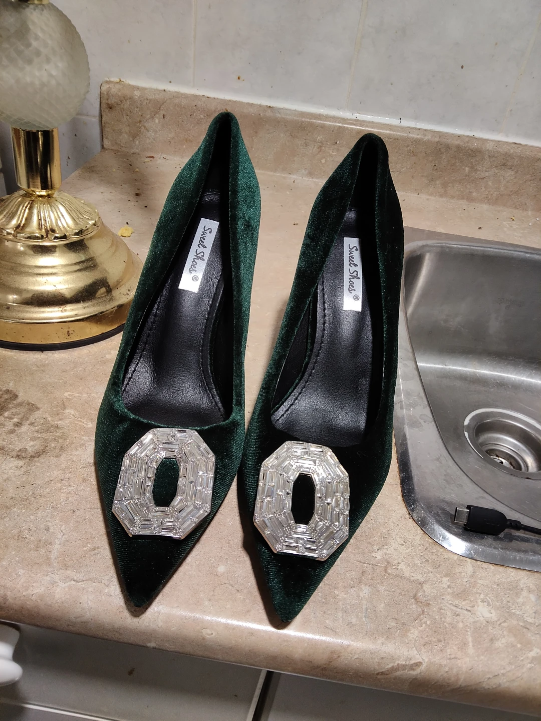 Sweet Shoes Green Velvet Heels with Crystal Buckle