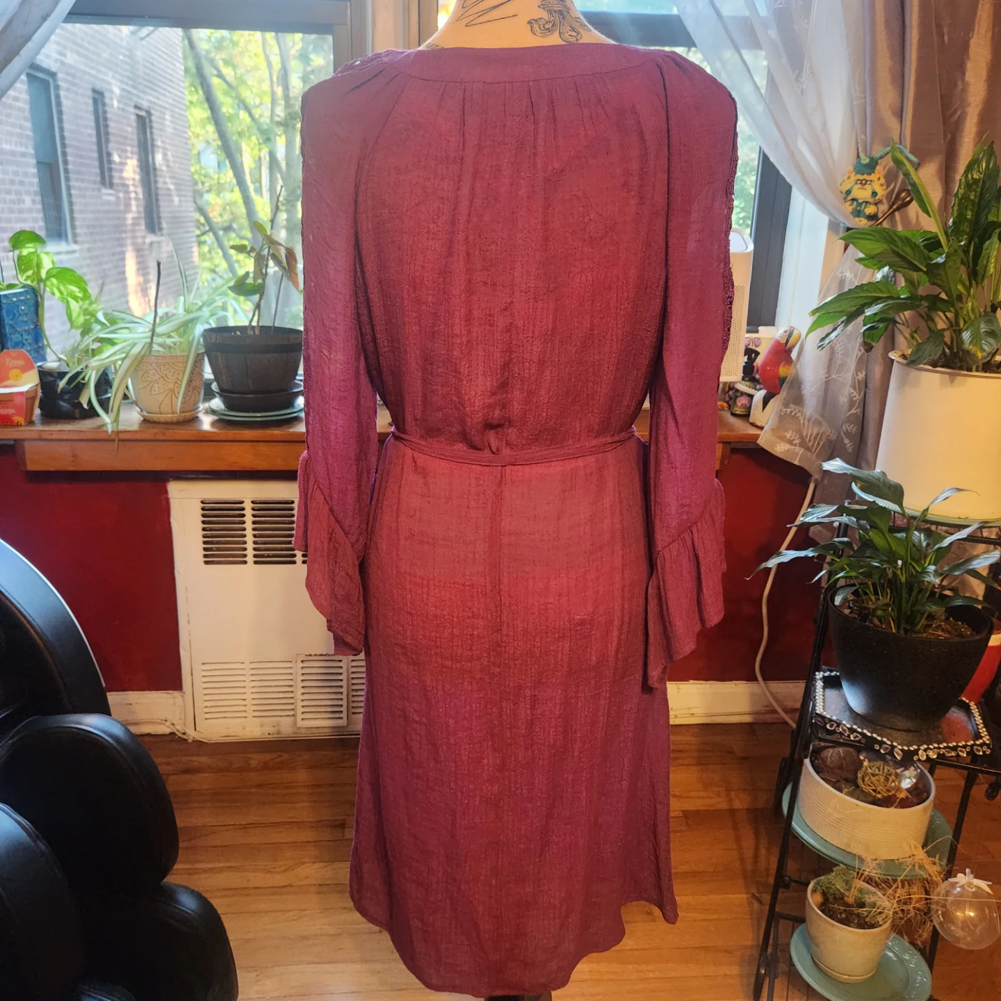 Purple Crinkle Gauze Lace Trim Bell Sleeve Boho Midi Dress - photo 4
