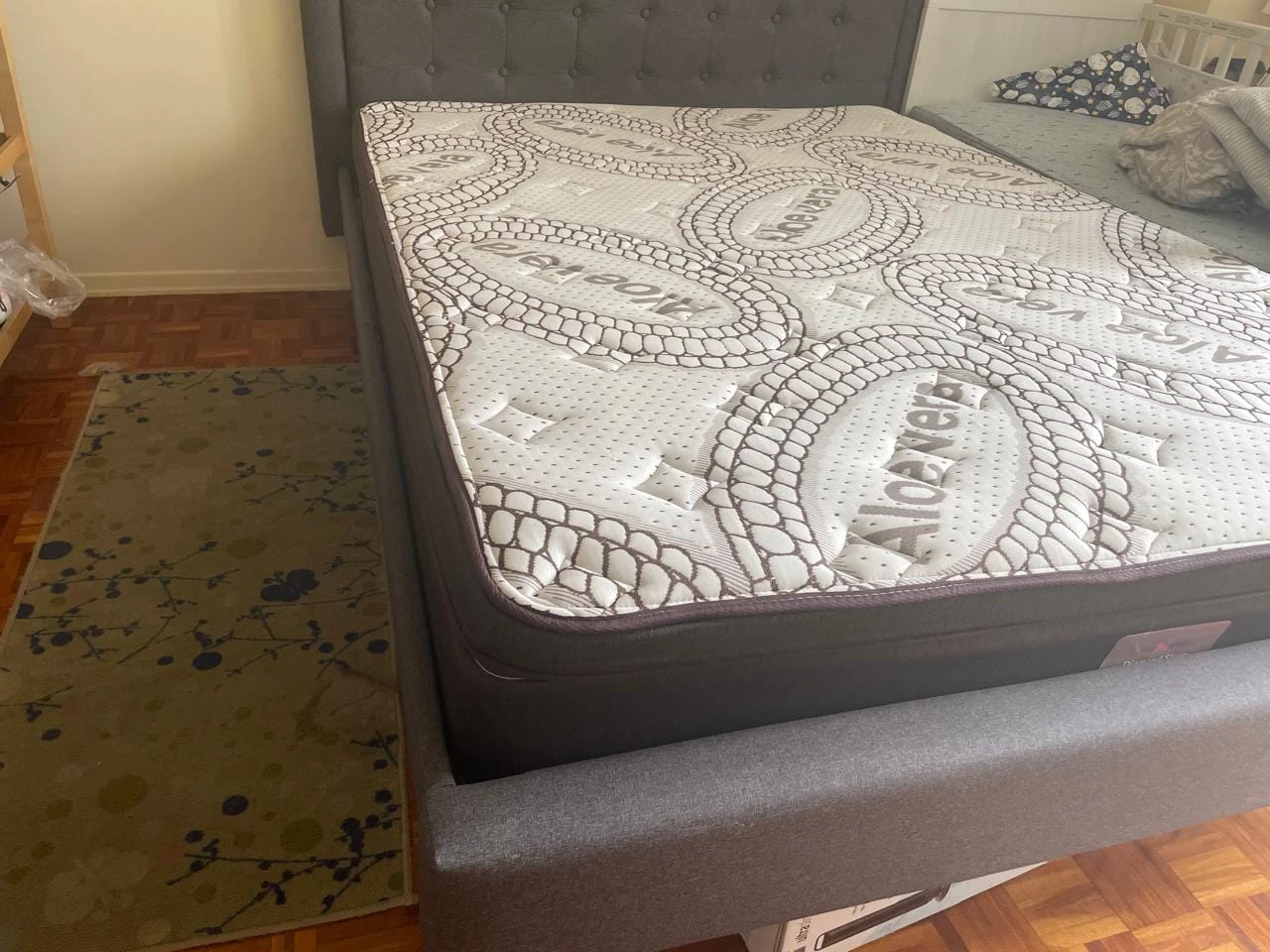 Queen size grey upholstered bed frame & Mattress