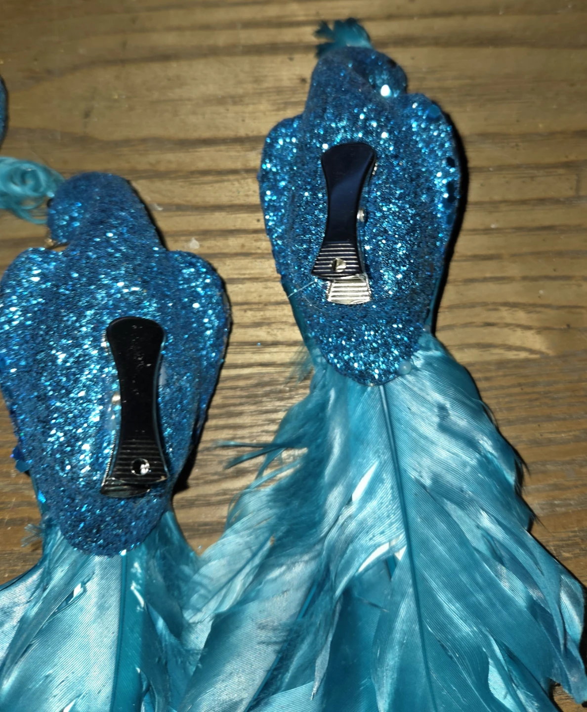 Vintage Set of 4 Blue Glitter Peacock Ornaments - photo 5
