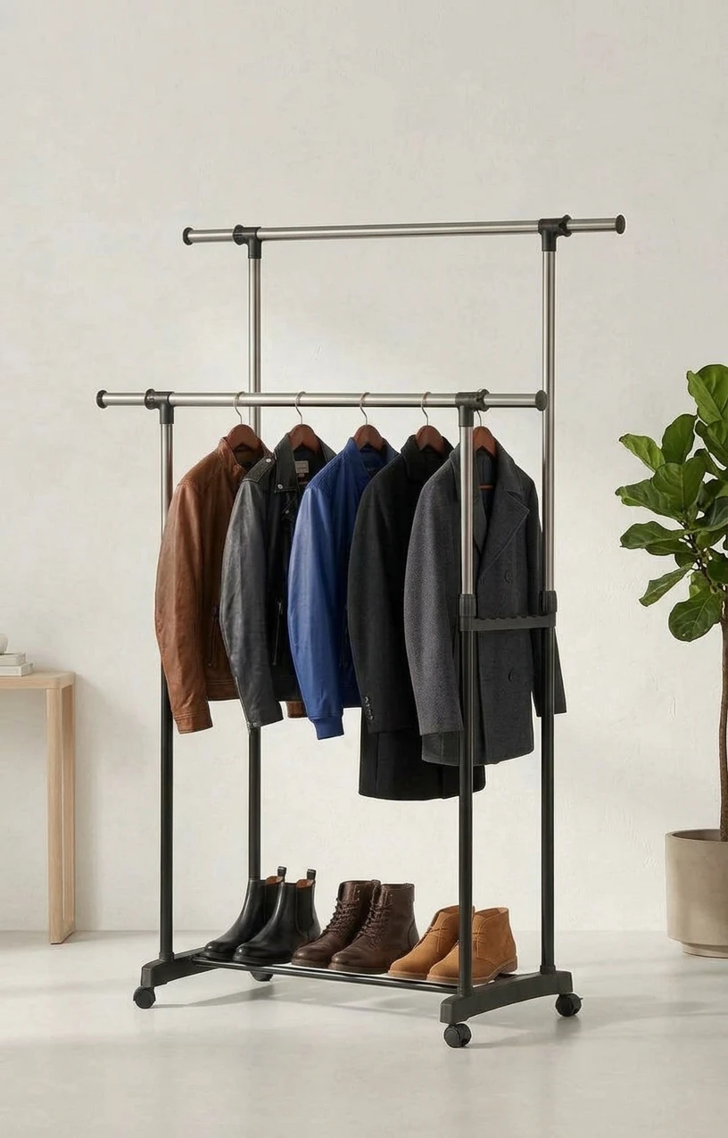 (BRAND NEW) Double Rod Extendable Clothing Rack with Wheels