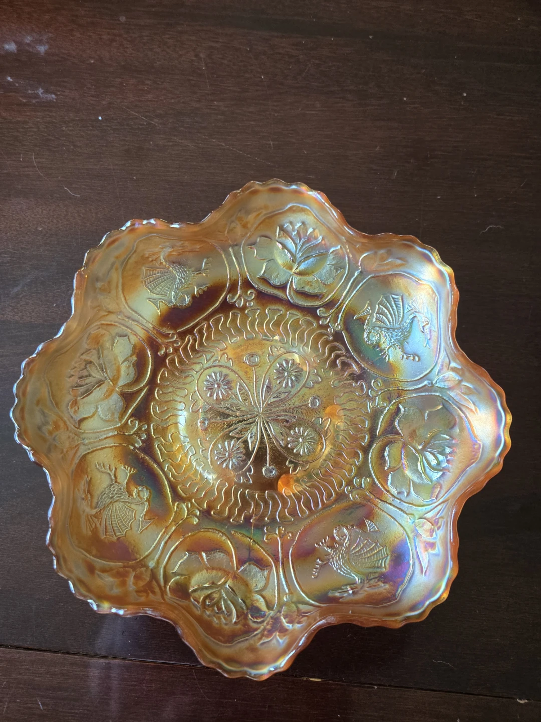 Antique Carnival Glass "Dragon & Lotus" 3-Footed Bowl