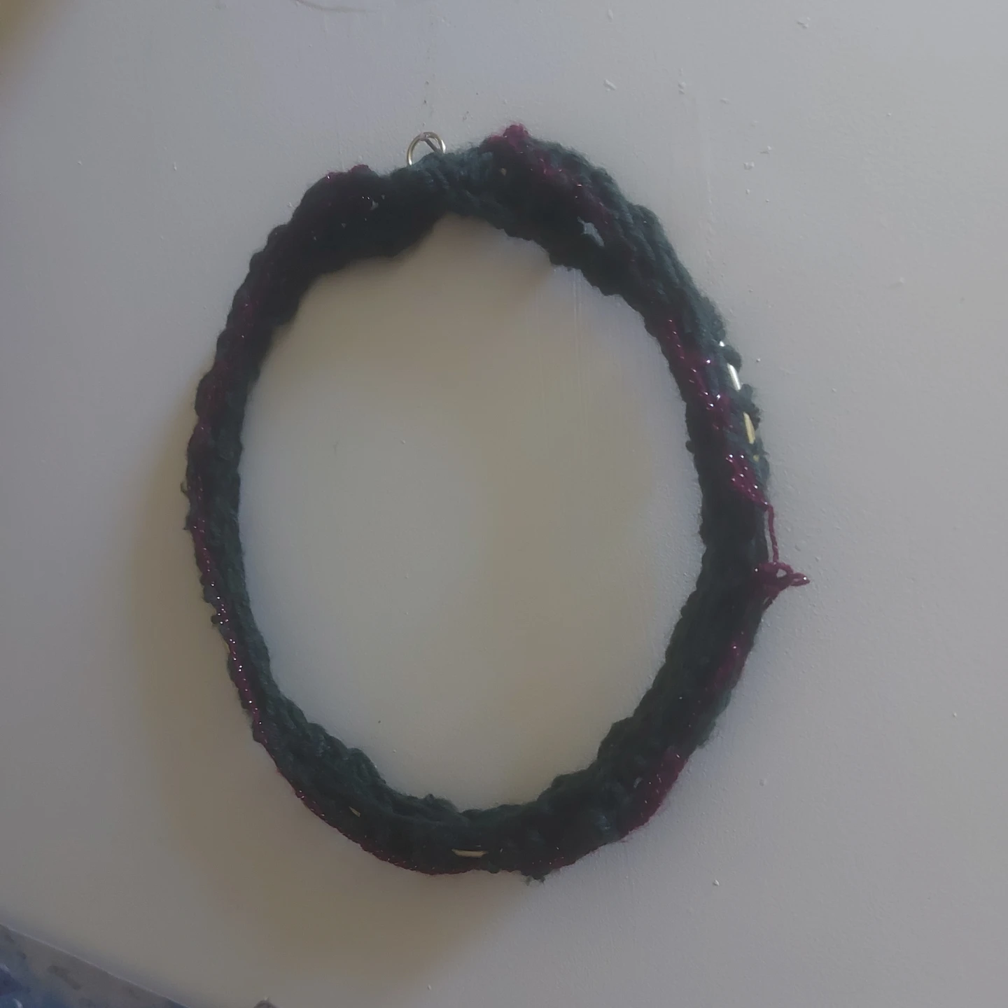 Handmade Dark Green/Red Crocheted Christmas Wreath.