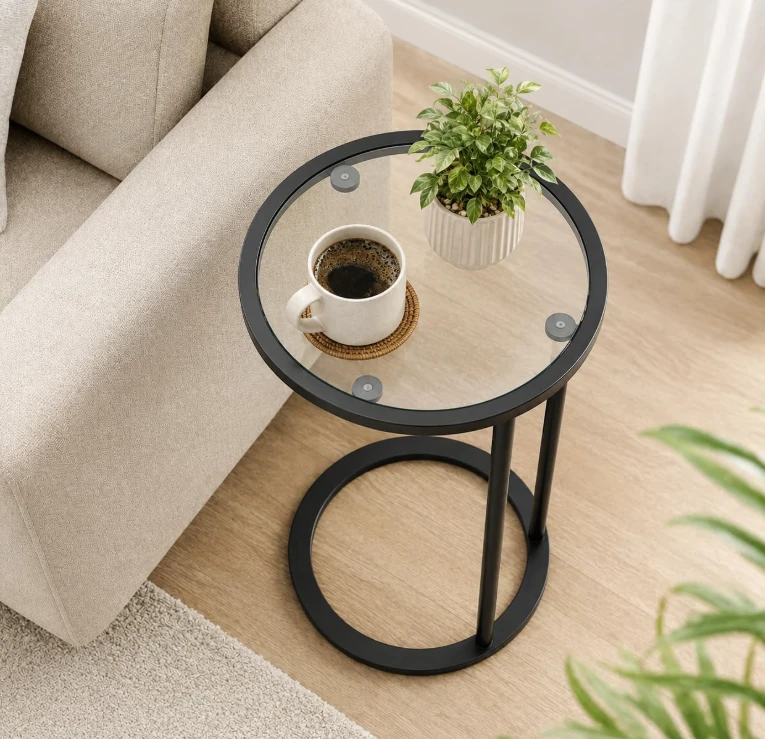 Black Round Glass Side Table - photo 2