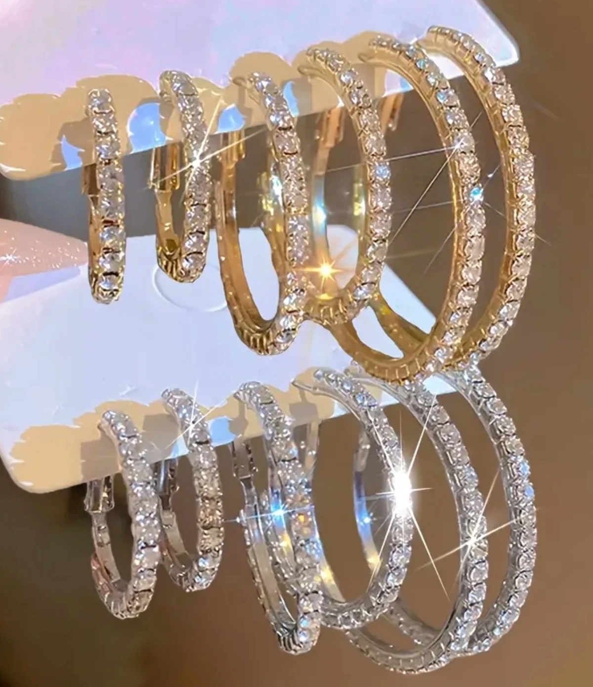 Set of 3 Crystal Hoop Earrings golden & silver colors available - photo 3