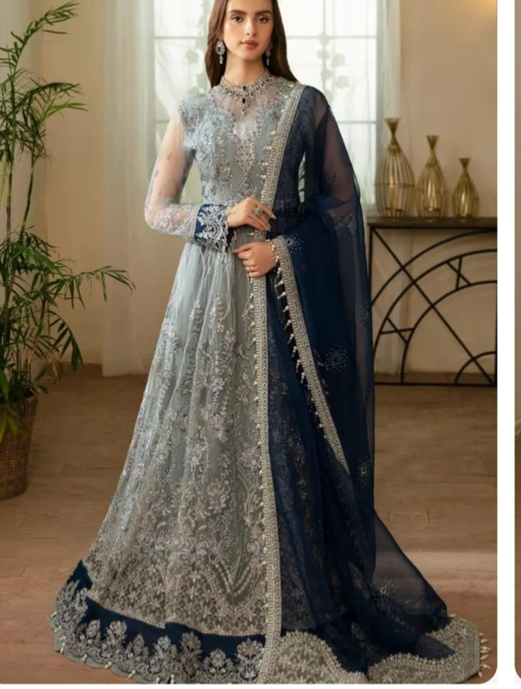 Embroidered Grey and Navy Blue Gown