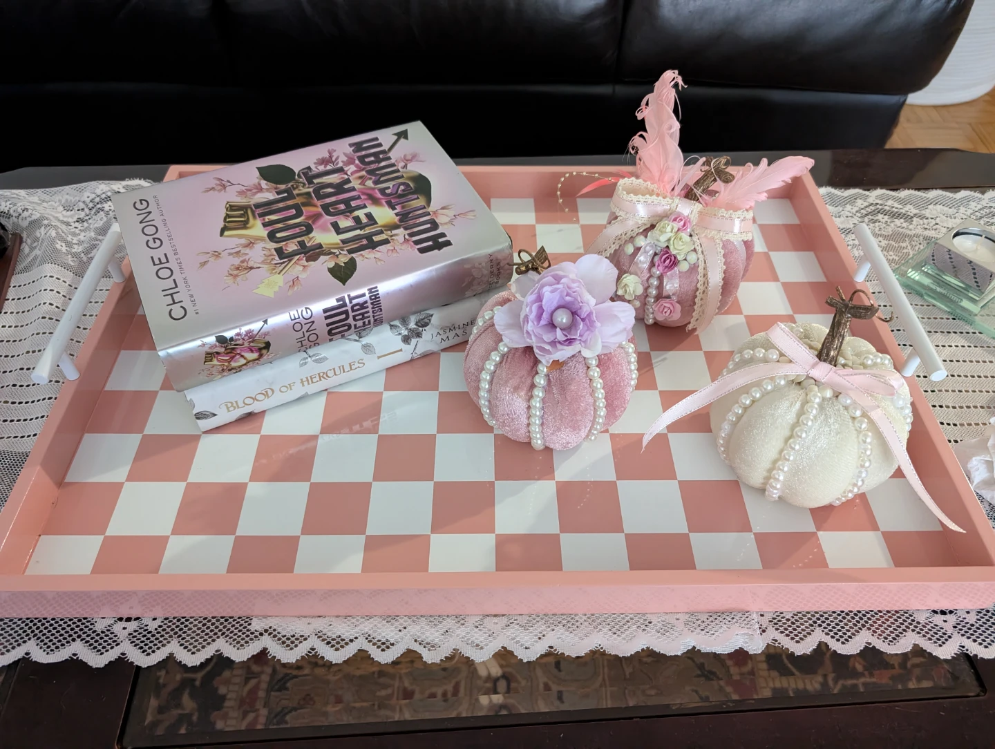 Beautiful Pink and White Checkered  large Serving Tray
