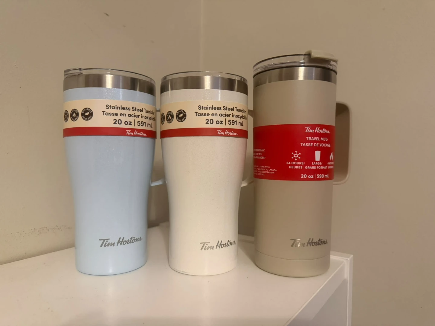 Three Tim Hortons Stainless Steel Travel Mugs