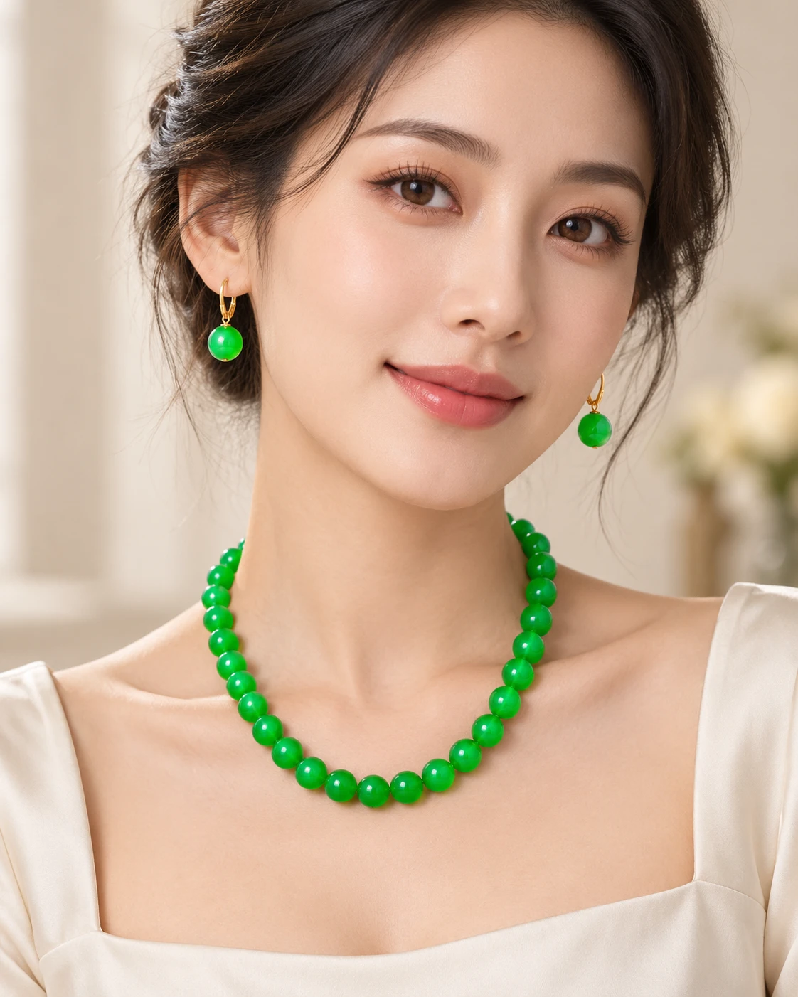 Natural Green Jade Necklace & Earrings Set – New -