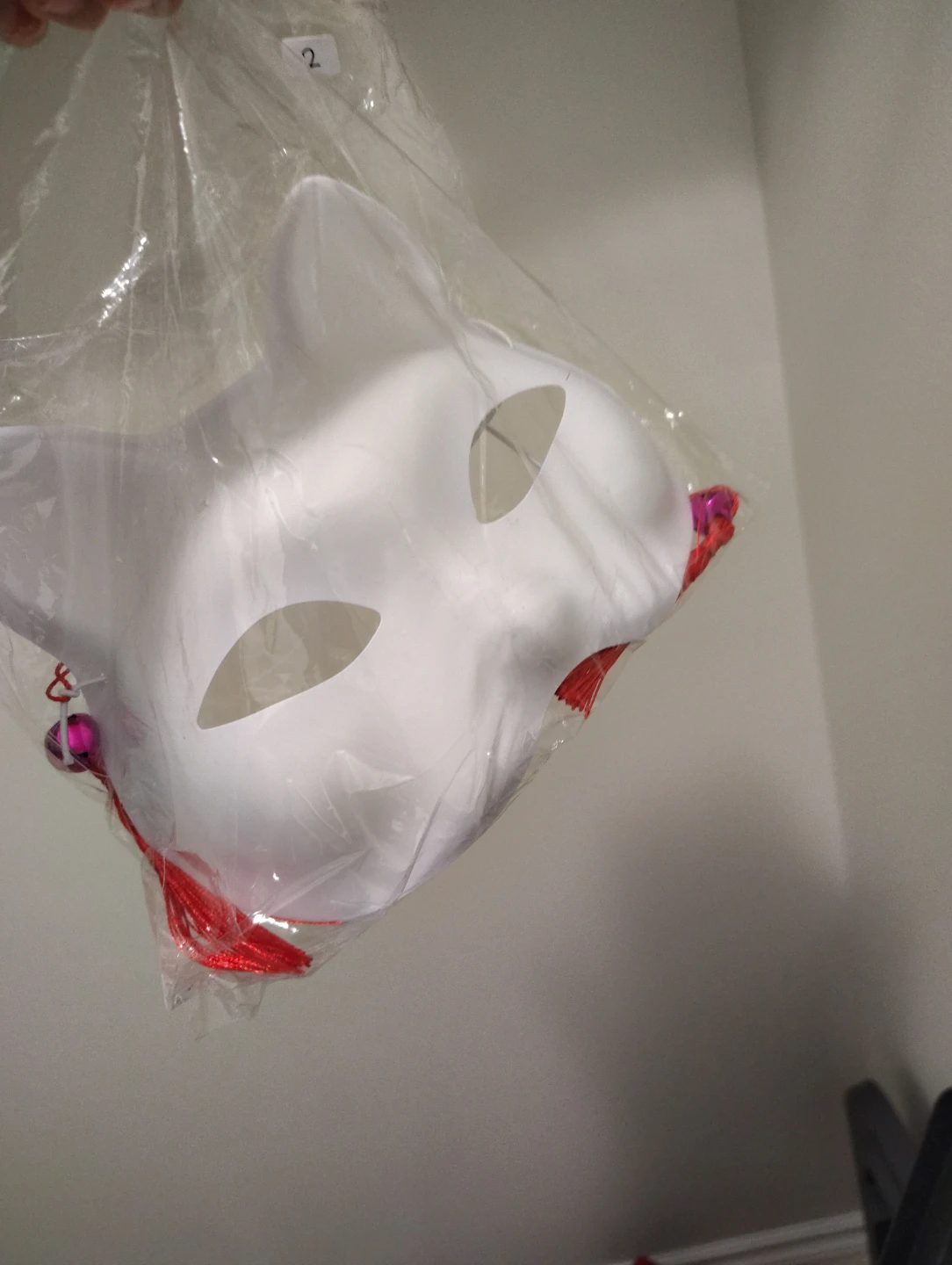 White Cat Mask with Red Tassels and pink bells