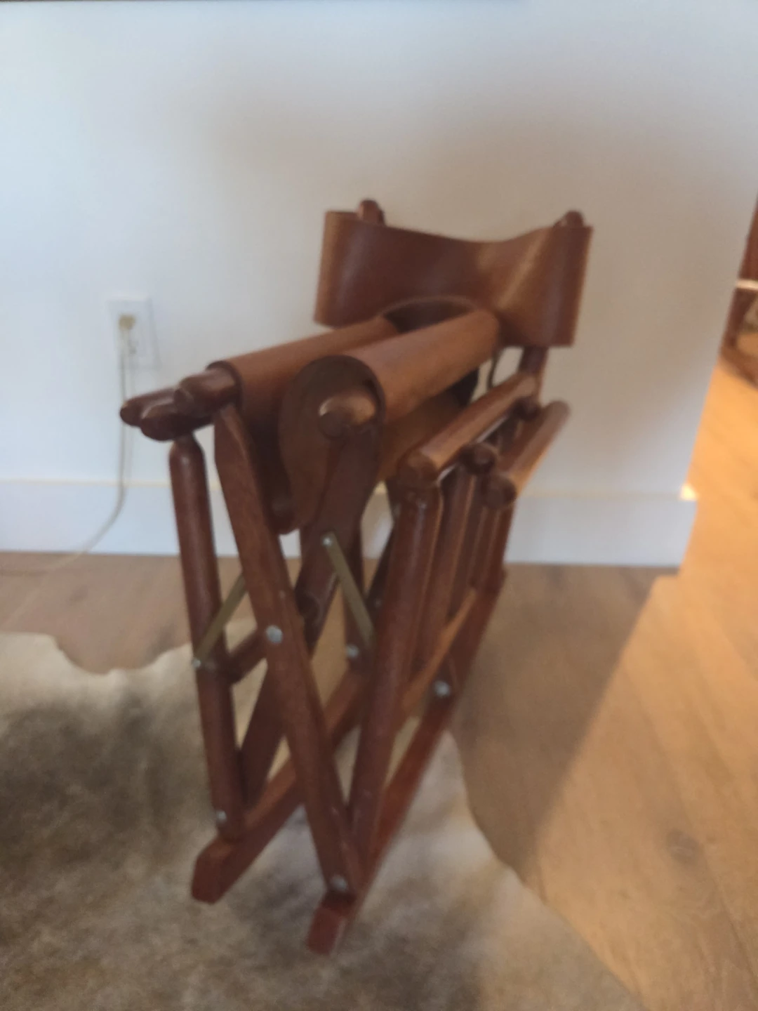 Vintage Wooden Leather Folding Rocking Chair - photo 5