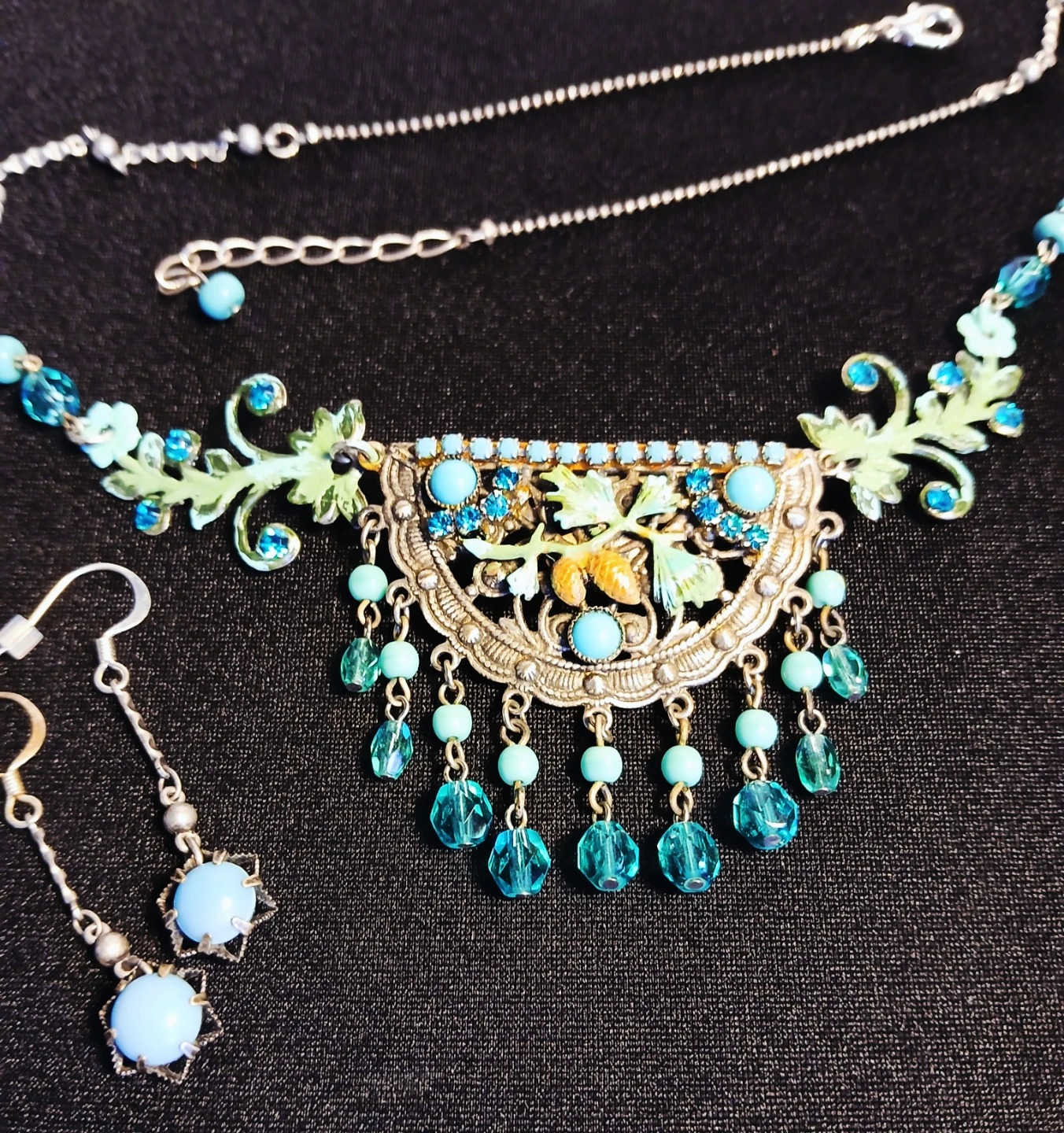 Vintage-Style Turquoise and Teal Bead Necklace and Earring Set - photo 2