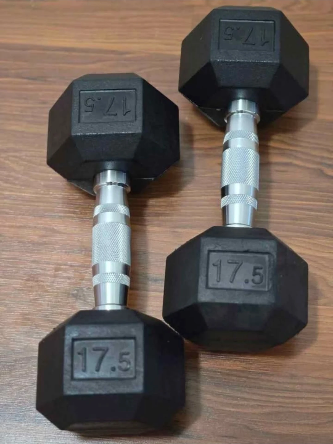 17.5lb Rubber Hex Dumbbell weights, sold individually.
