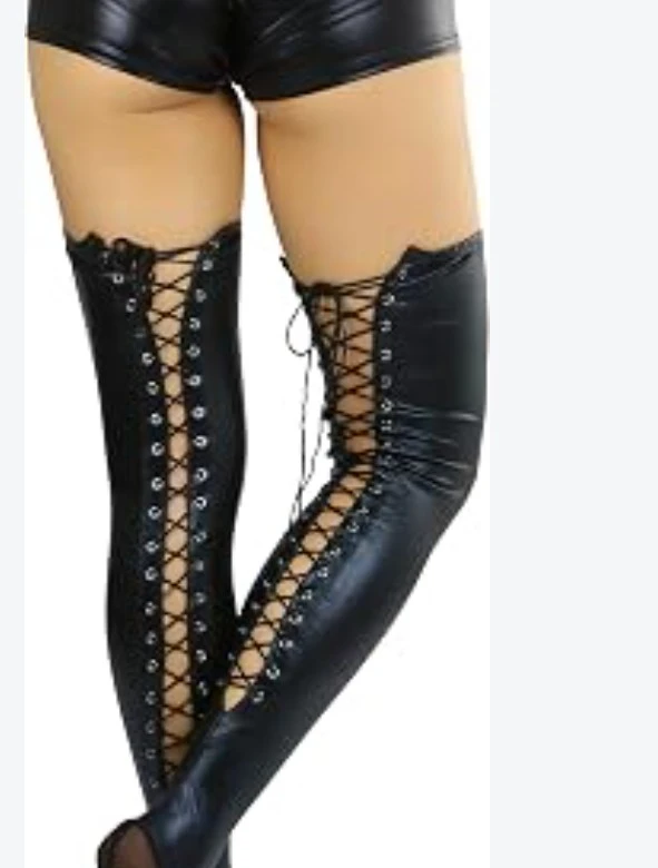 Black wet look Lace-Up Thigh-High Leg Warmers