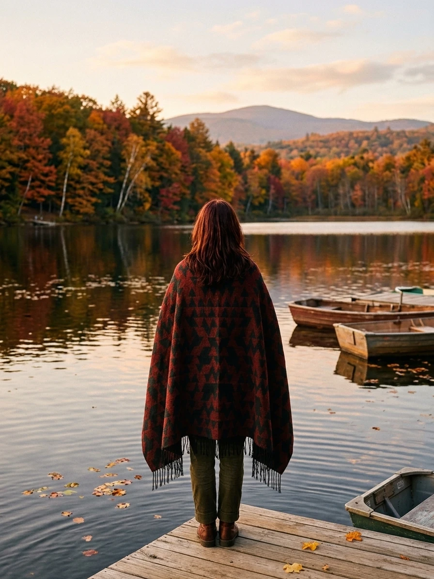 Burgundy and black geometric fringe poncho
