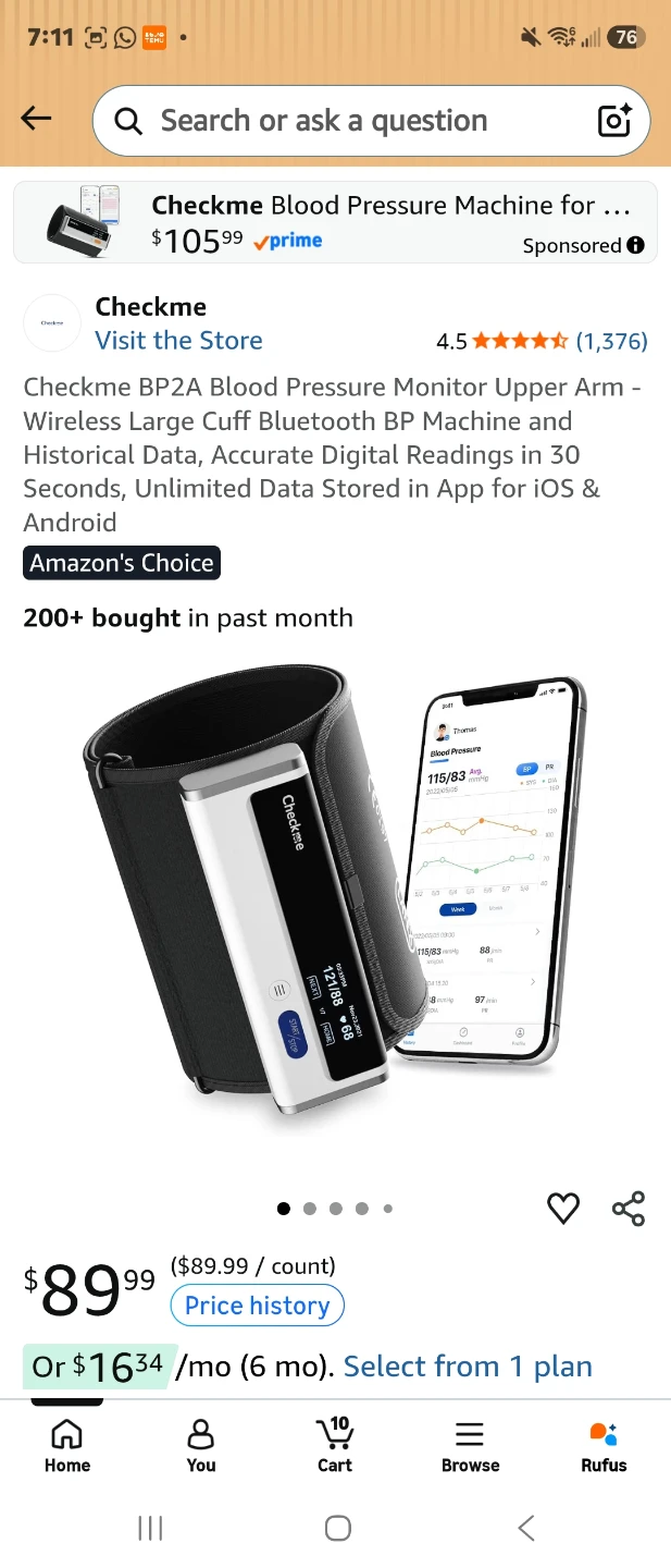 Checkme BP2A Wireless Blood Pressure Monitor. $75