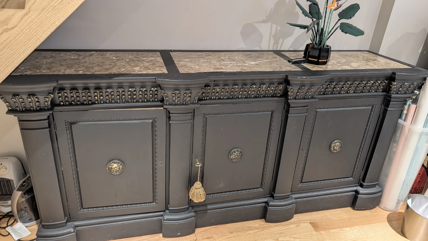 Large Vintage Black Buffet Cabinet with Marble Top
