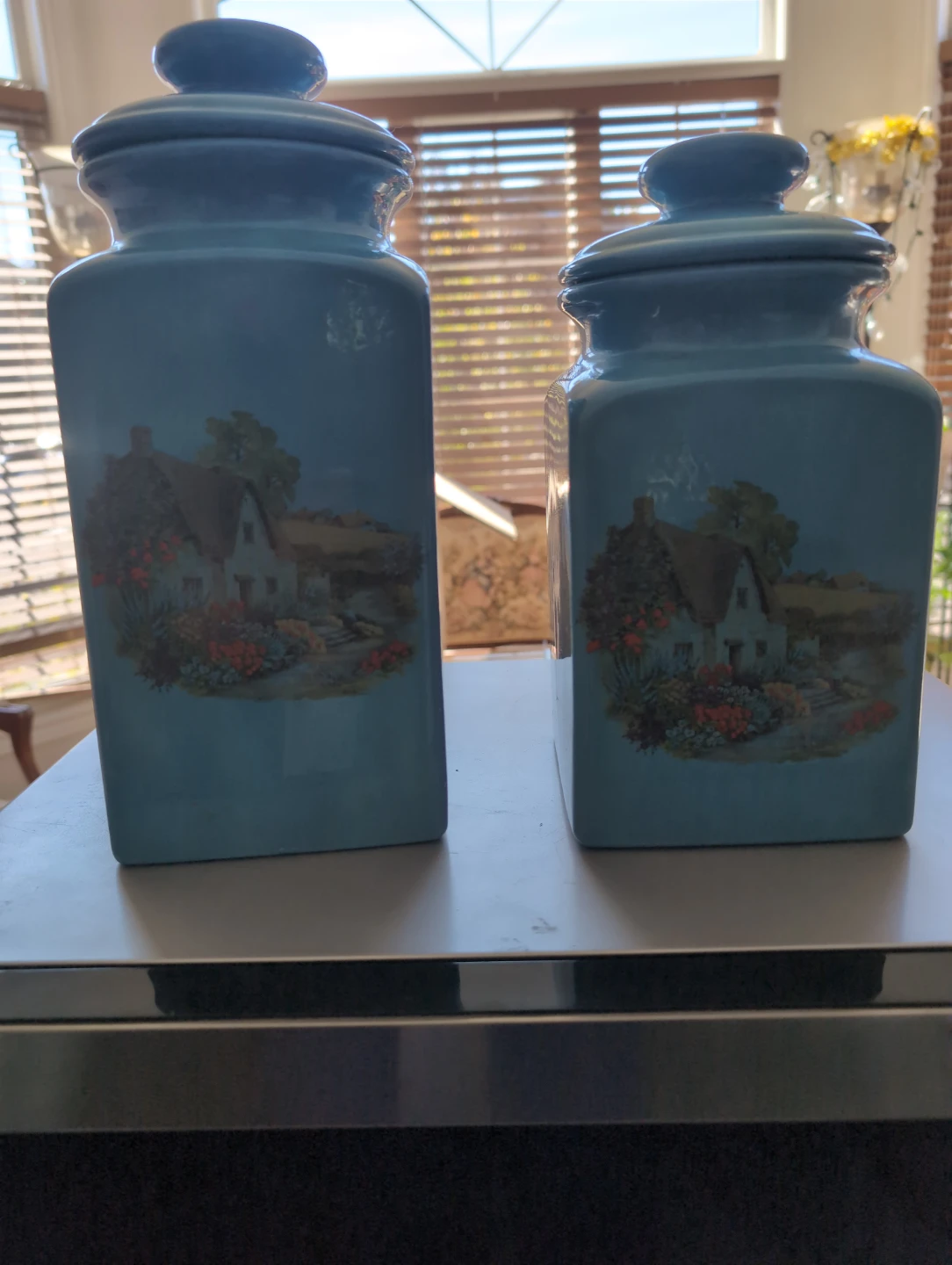 Two Vintage Blue Ceramic Storage Jars