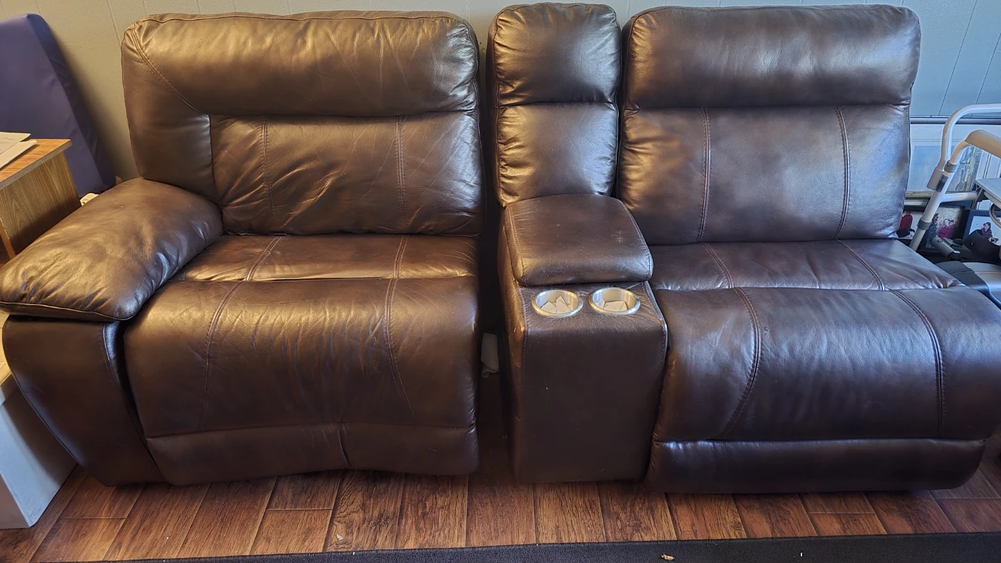 Dark Brown Leather Reclining Sofa with Console