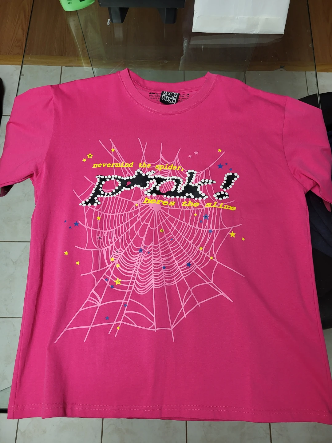 SP5DER Pink Spiderweb Graphic T-Shirt