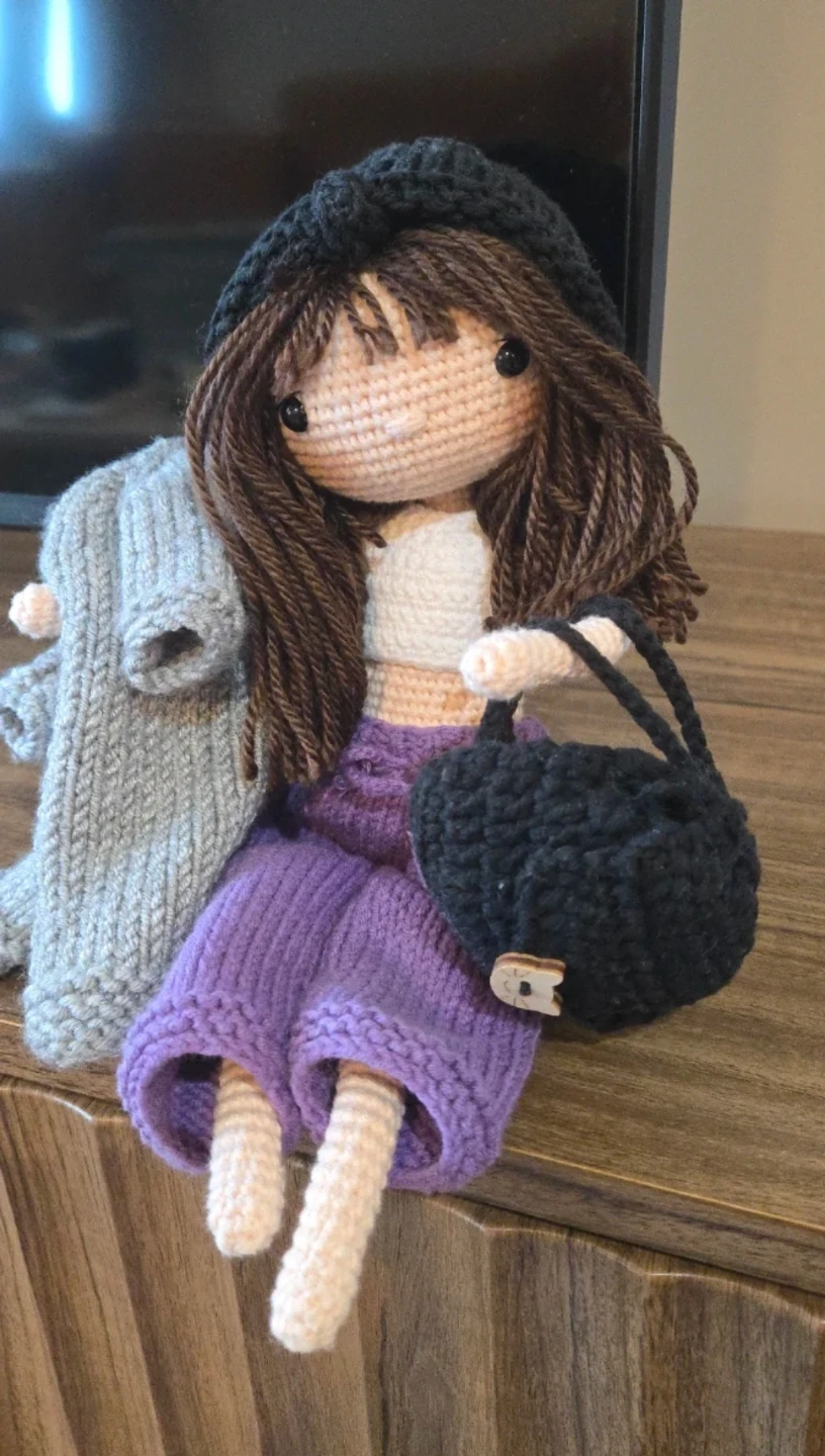 Crochet doll - bendable arms, legs - removable sweater, backpack