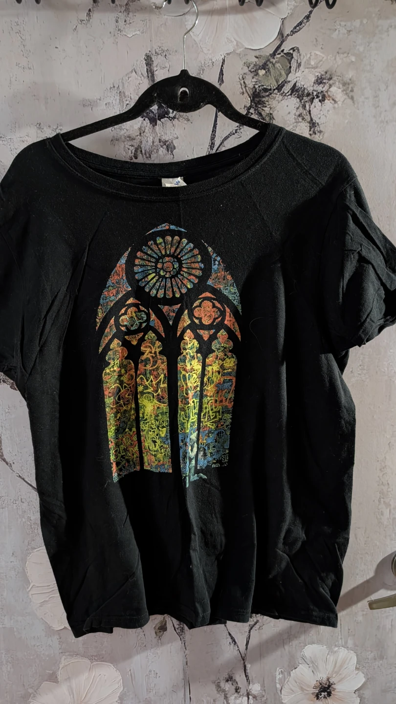 Gildan Black T-Shirt with Stained Glass Graphic, Size Medium