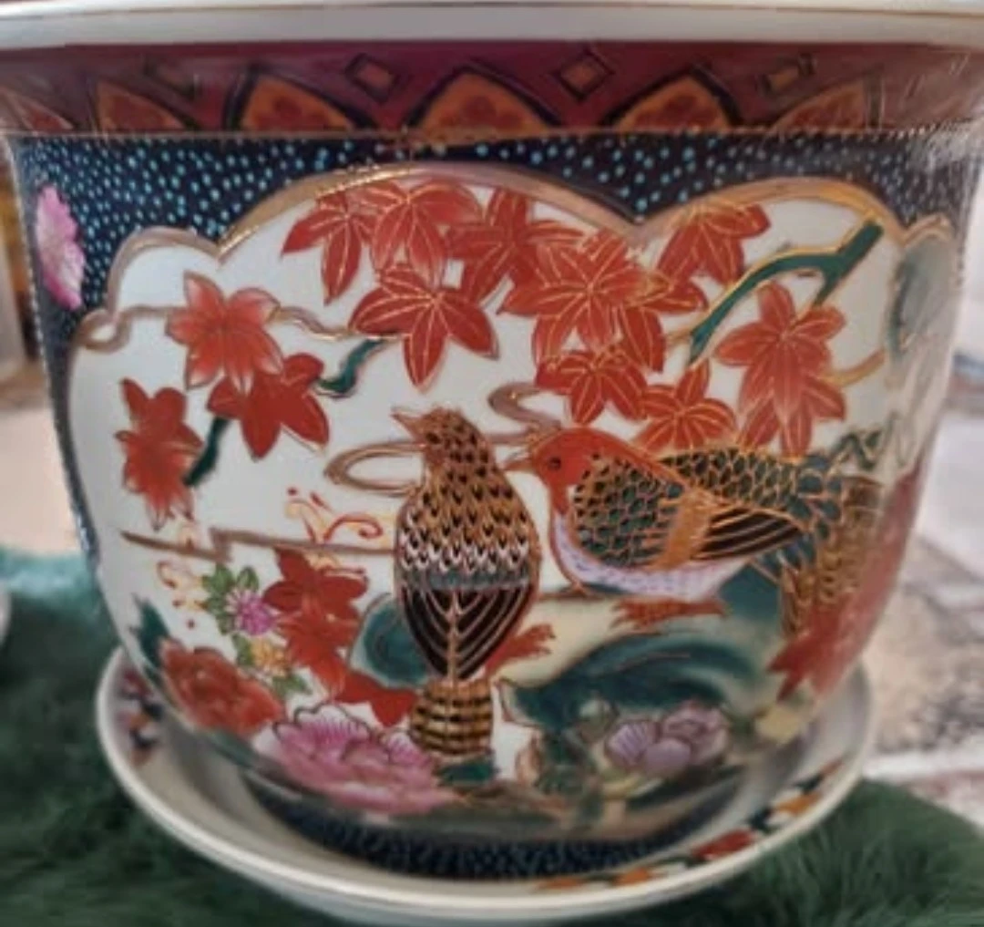 Two Ornate Ceramic Planters with Saucers - photo 3