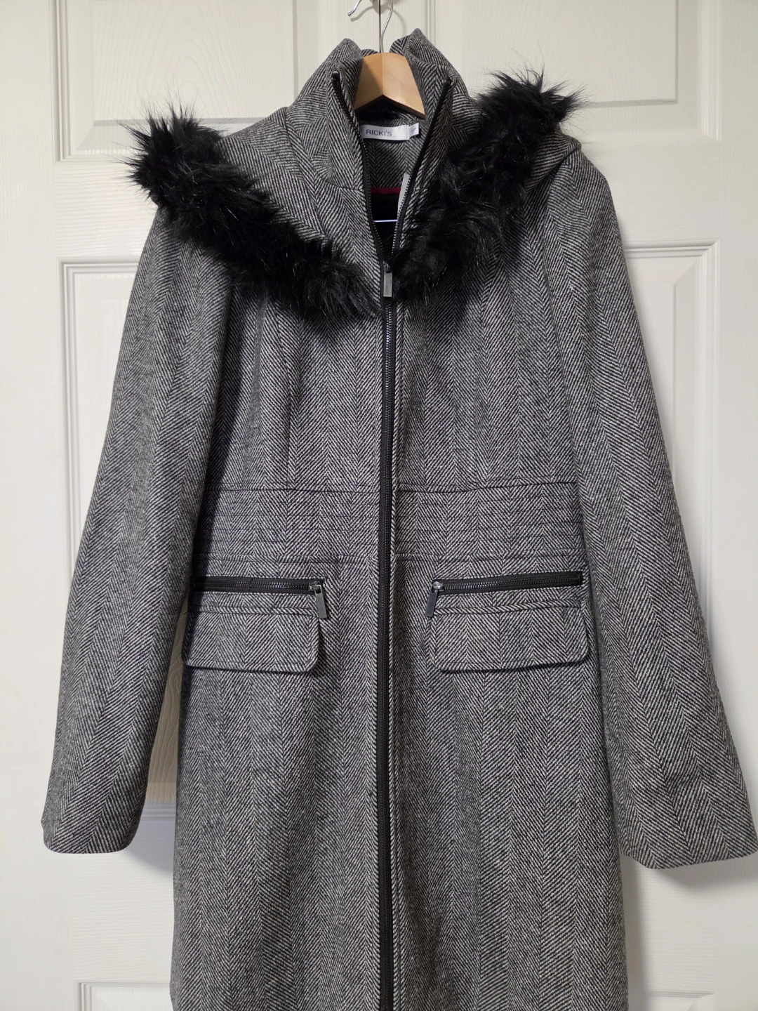 Ricki's Herringbone Coat with Faux Fur Hood