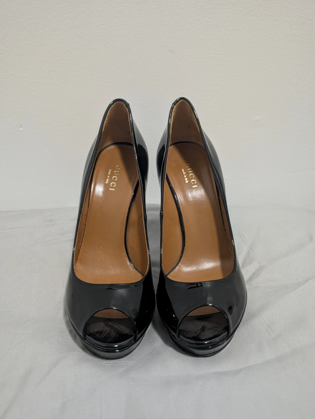Gucci Black Patent Leather Peep-Toe Heels
