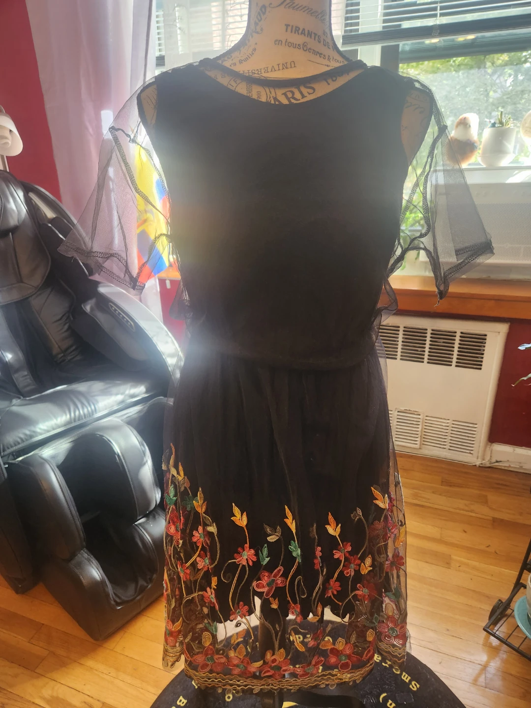 Plus Size Boho Black Sheer Mesh Embroidered Floral Overlay Dress