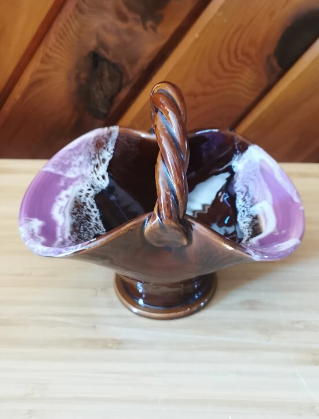 Vallauris French Pottery Basket Dish Twisted Handle Mid Century - photo 3